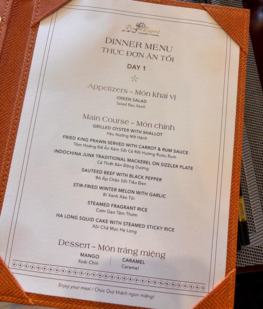 Dinner menu on board Dragon Legend cruise - My Travel Monkey